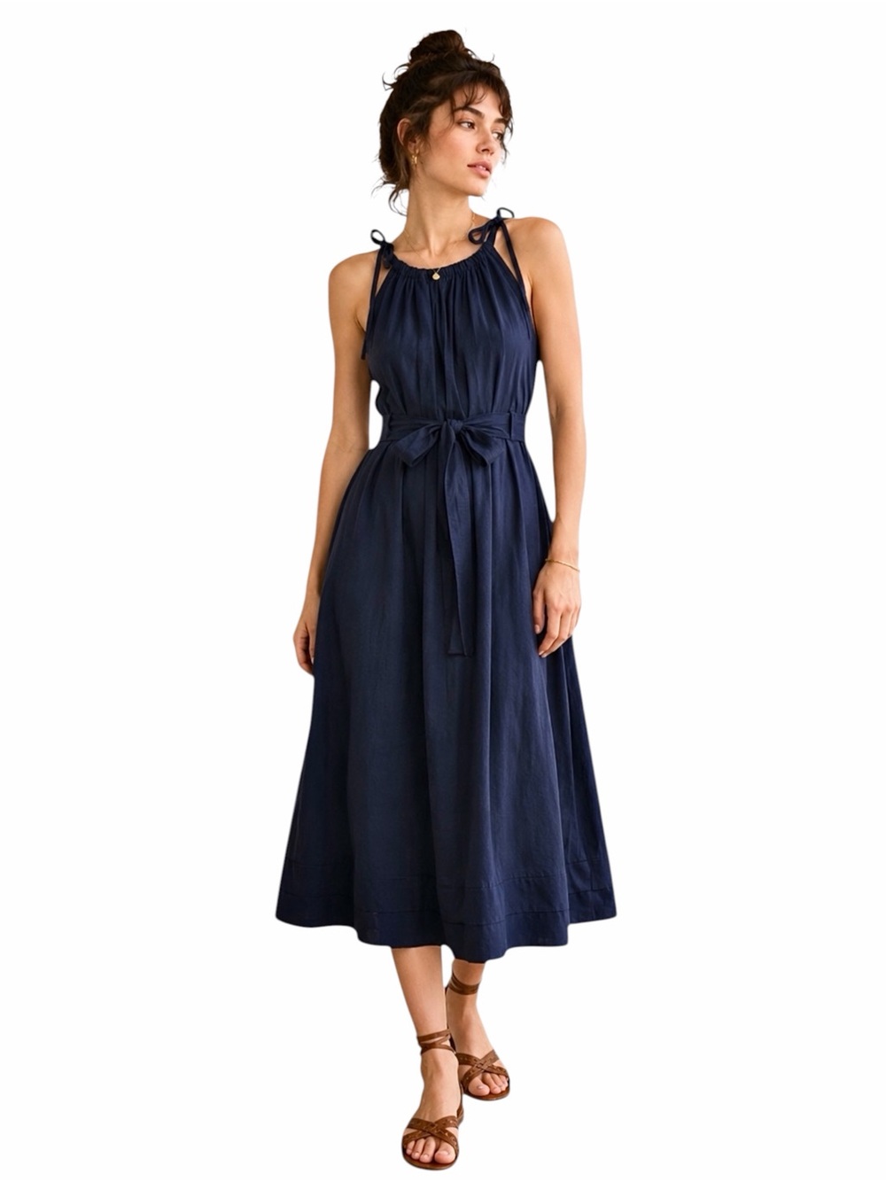Ulla Johnson – Jodi Midi Dress – Navy Cotton Poplin Tie Waist Sleeveless – Sz. 8